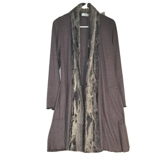 Wine Street Women's Open Front Knit Cardigan faux fur lined grey S made in USA - Picture 1 of 5